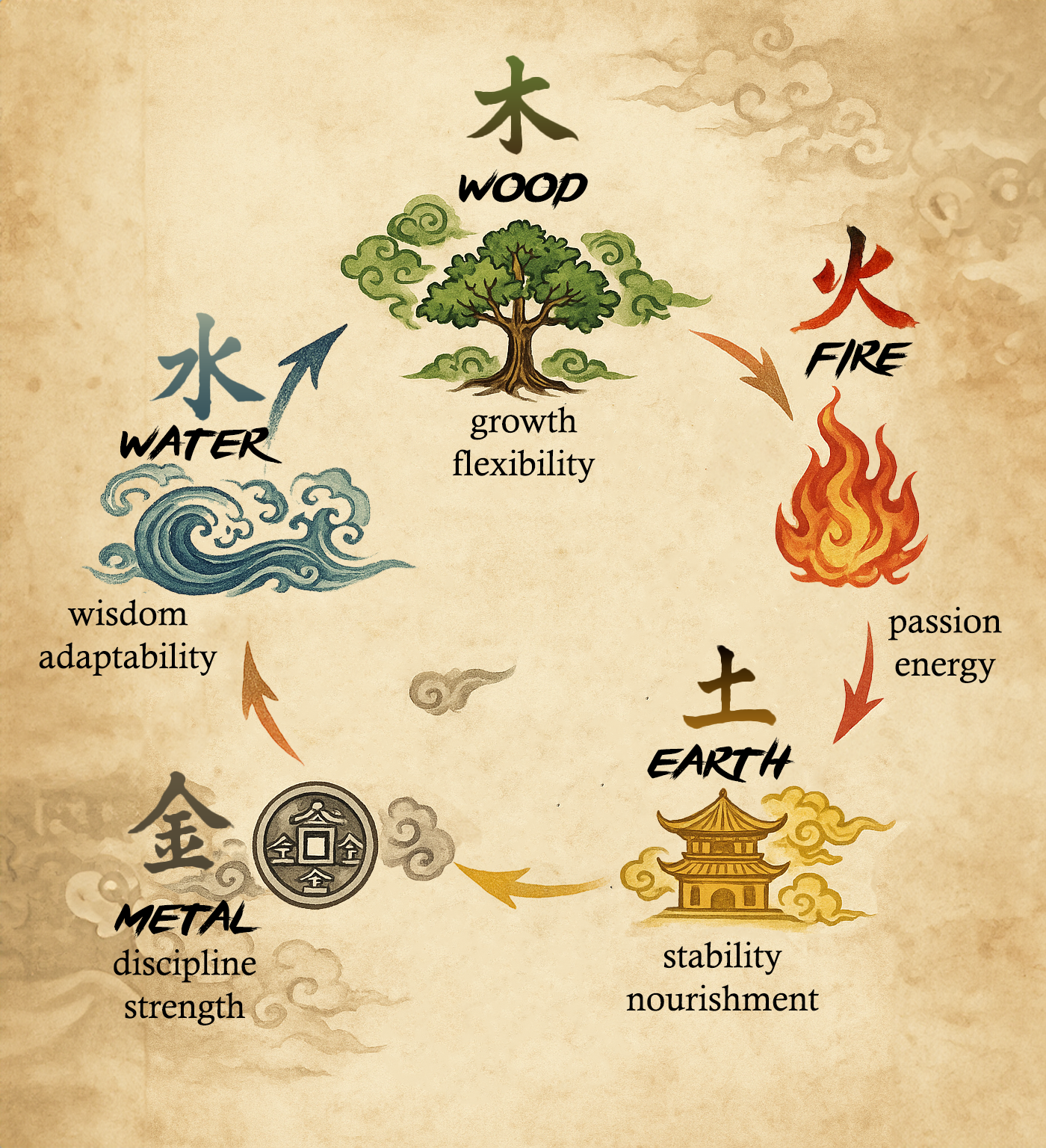 Ink-wash infographic of Five Elements cycle: Water → Wood → Fire → Earth → Metal